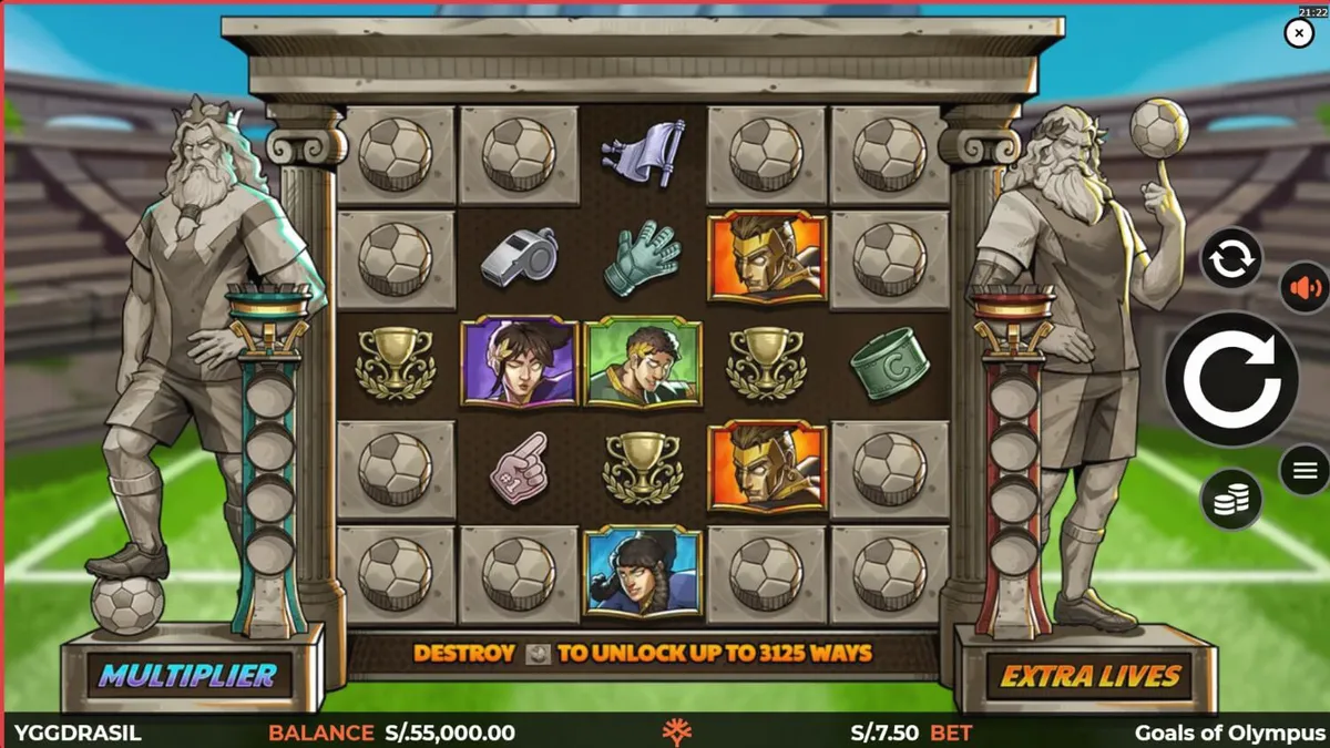 Tampilan grid 5x5 pada slot Goals of Olympus BoltLock dengan tema stadion dan mitologi Yunani.