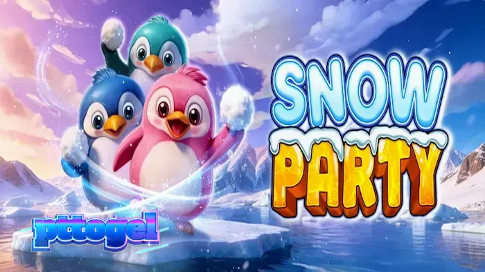 Tampilan antarmuka seluler permainan slot Snow Party dengan karakter penguin yang lucu